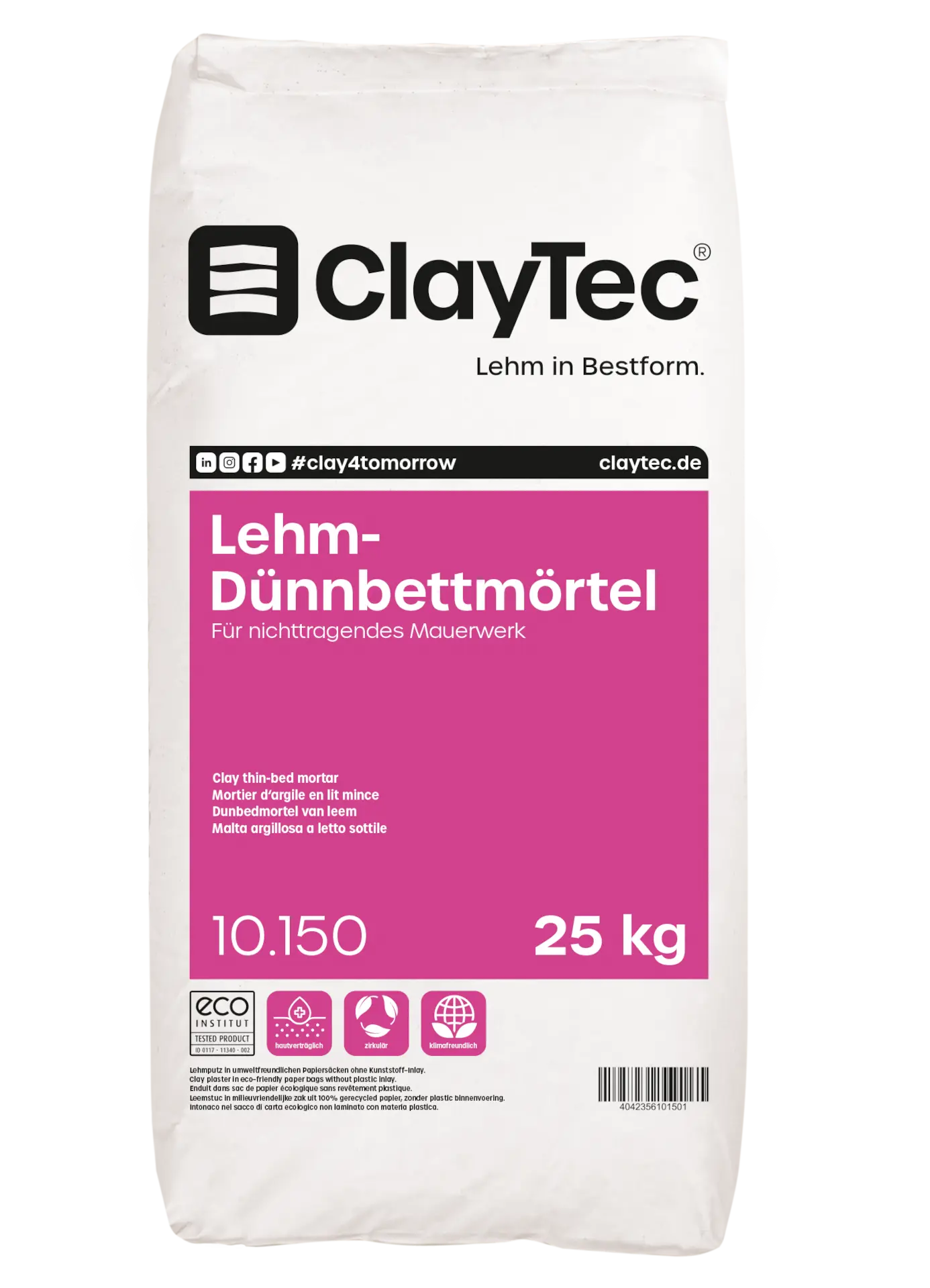Das Foto zeigt einen weiß-pinken Sack mit der Aufschrift “ClayTec Lehm-Dünnbettmörtel”.
