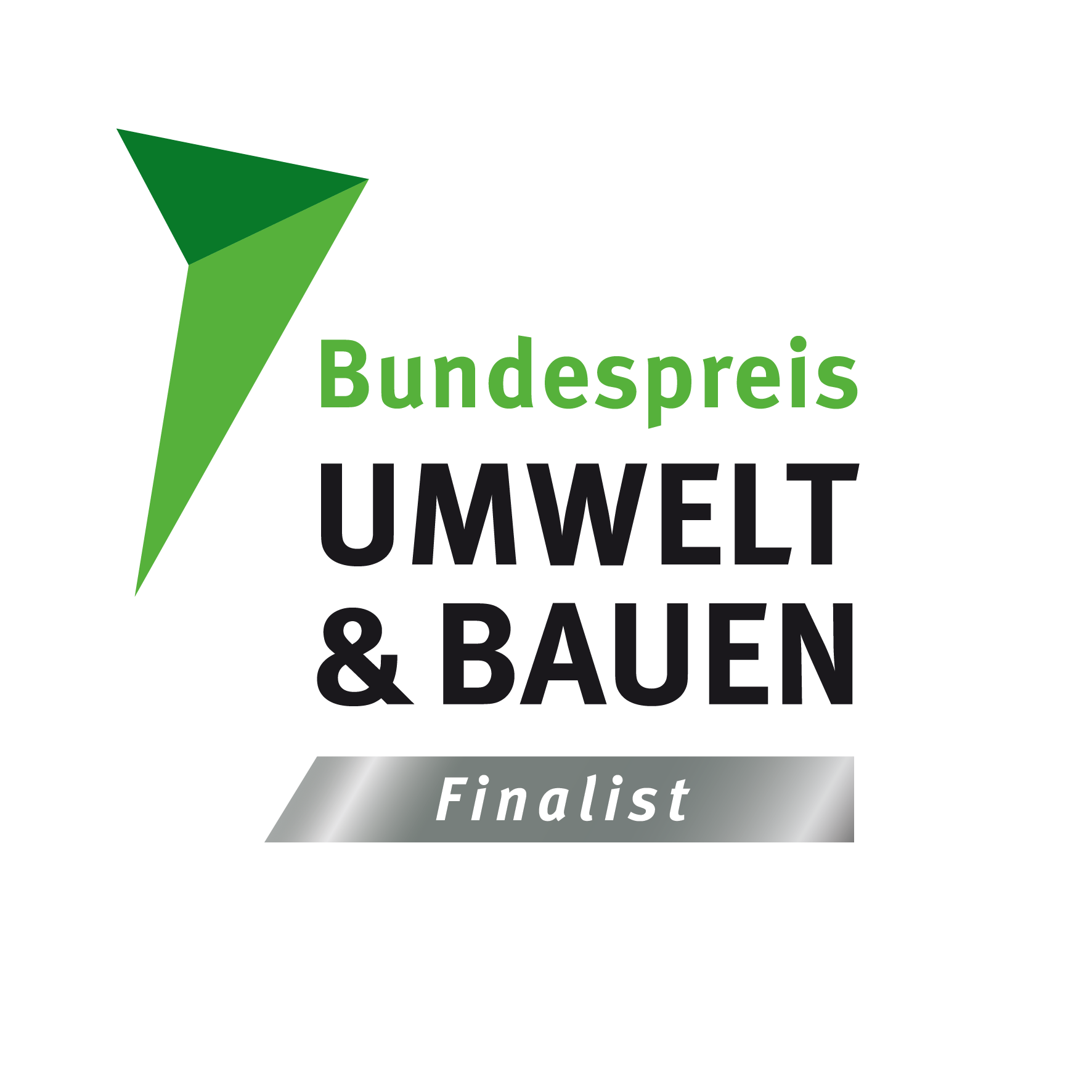 Das Logo des Bundespreises UMWELT & BAUEN. Darunter ein silbernes Banner mit der Aufschrift "Finalist".
